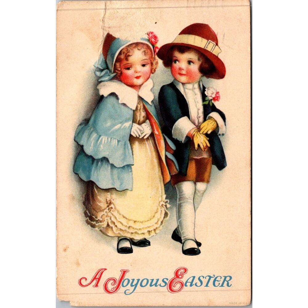 A Joyous Easter Children in Fine Edwardian Attire 1924 Vintage Postcard SP17-26